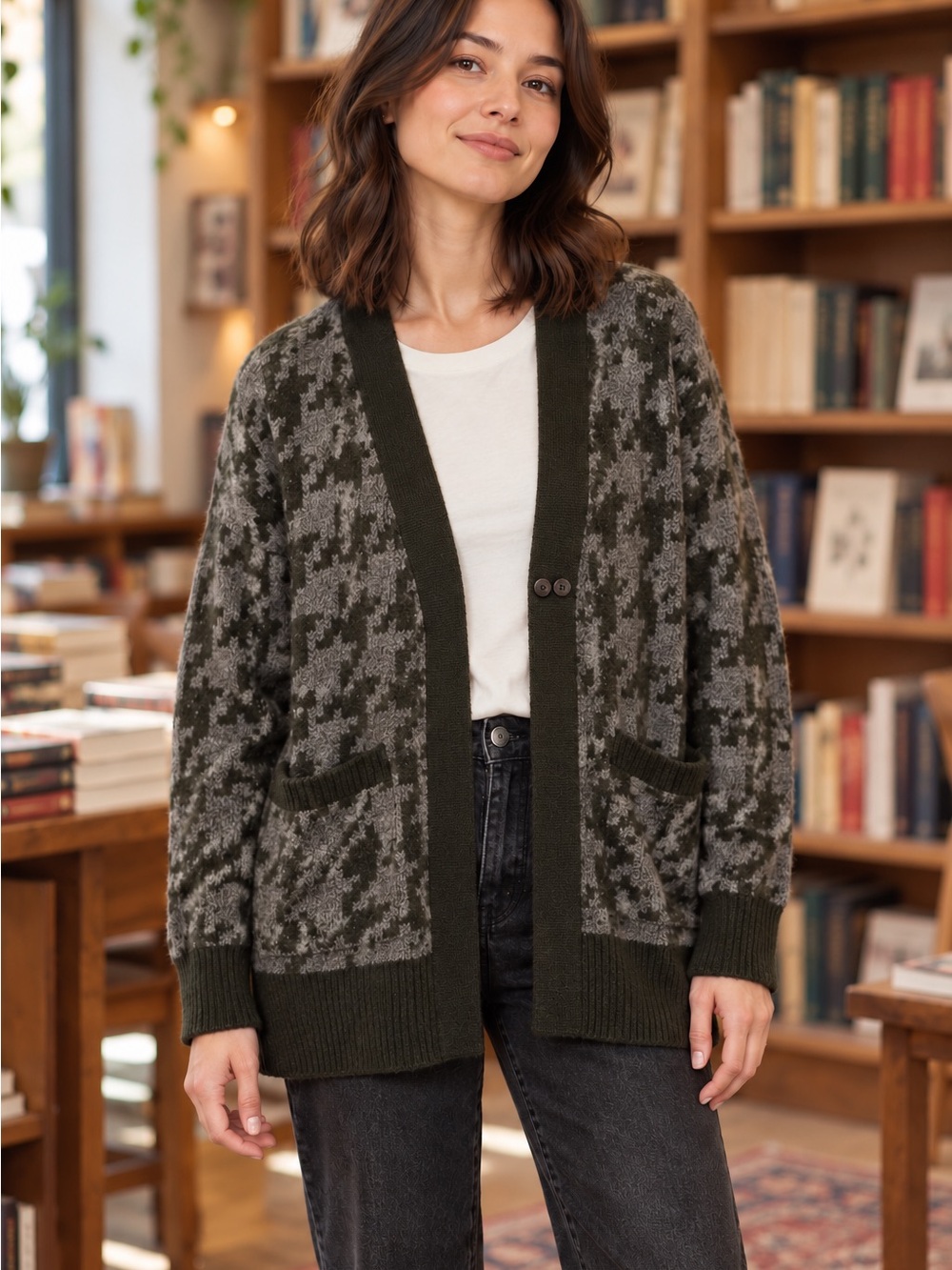 Madewell Allston Houndstooth Oversized Cardigan Green Grey XXS